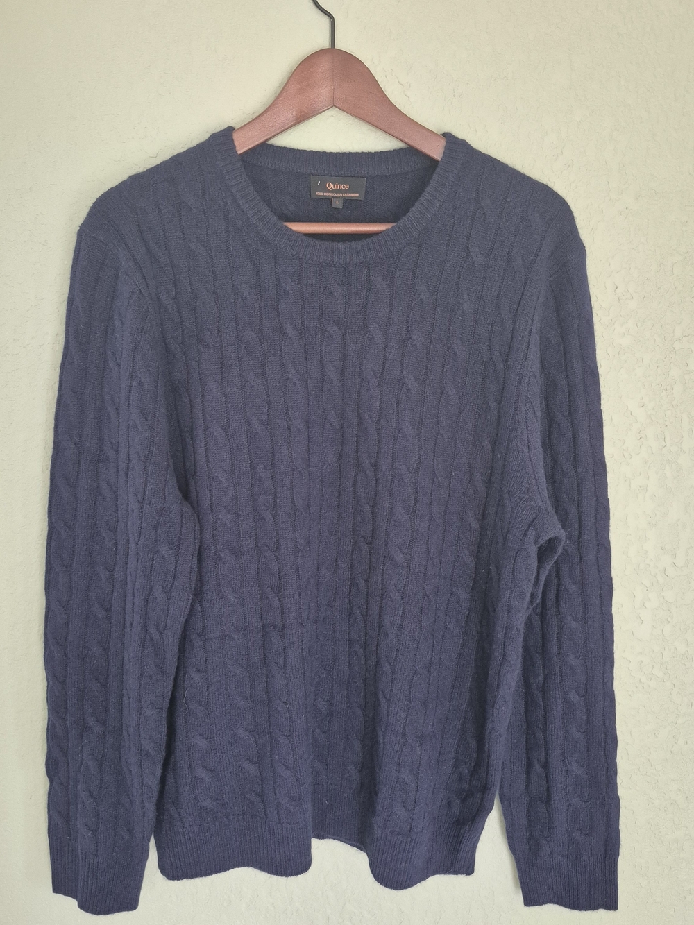 Quince Men's 100% Mongolian Cashmere Cable Knit Crewneck Sweater Navy Blue Size